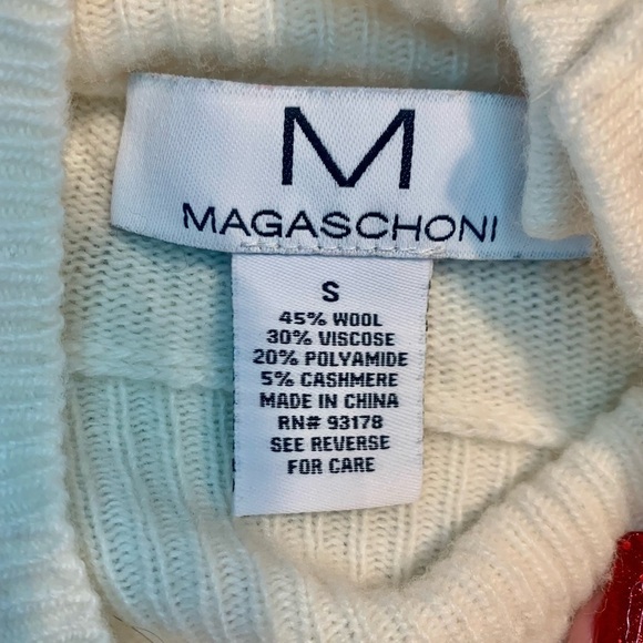 Magaschoni Sweater Small White Grey Stripes Gold Buttons Collar Wool Cashmere - Picture 9 of 14